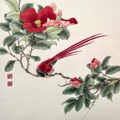 Camellia & Paradise Flycatcher, Original Brush Painting
